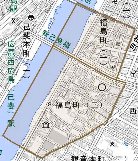 福島町とその周辺の地図。町の範囲を重ねている