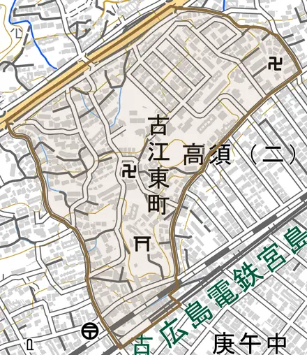 古江東町とその周辺の地図。町の範囲を重ねている