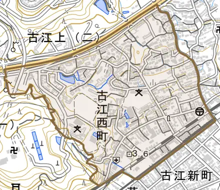 古江西町とその周辺の地図。町の範囲を重ねている