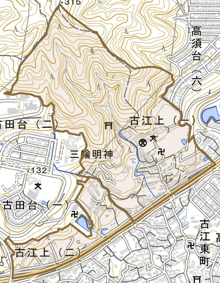 古江上とその周辺の地図。町の範囲を重ねている