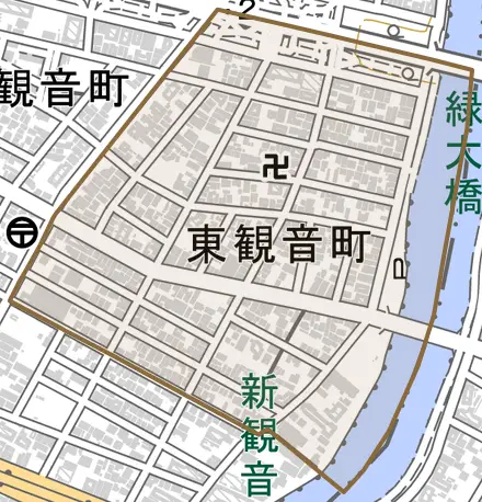 東観音町とその周辺の地図。町の範囲を重ねている