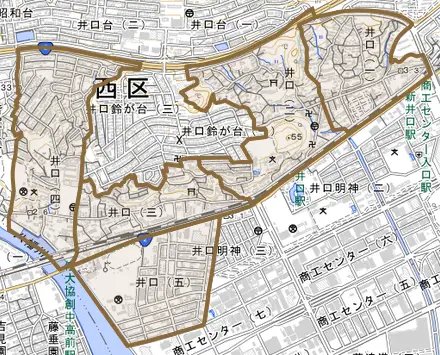 井口とその周辺の地図。町の範囲を重ねている