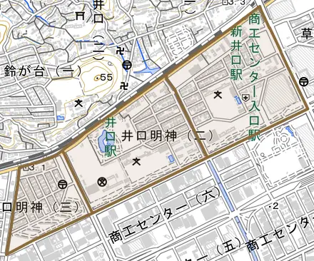 井口明神とその周辺の地図。町の範囲を重ねている
