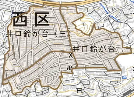 井口鈴が台とその周辺の地図。町の範囲を重ねている