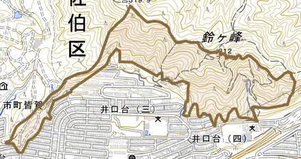 井口町とその周辺の地図。町の範囲を重ねている