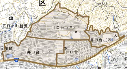 井口台とその周辺の地図。町の範囲を重ねている