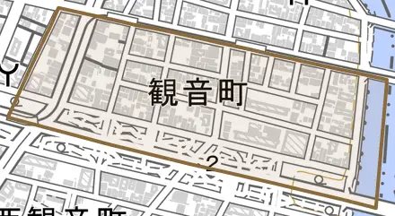 観音町とその周辺の地図。町の範囲を重ねている