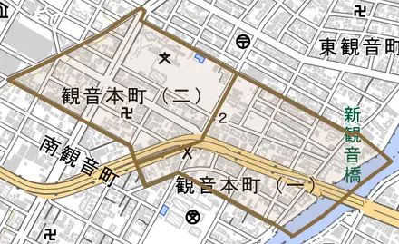 観音本町とその周辺の地図。町の範囲を重ねている