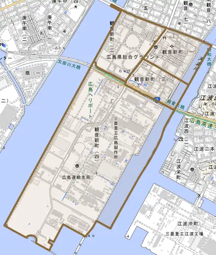 観音新町とその周辺の地図。町の範囲を重ねている