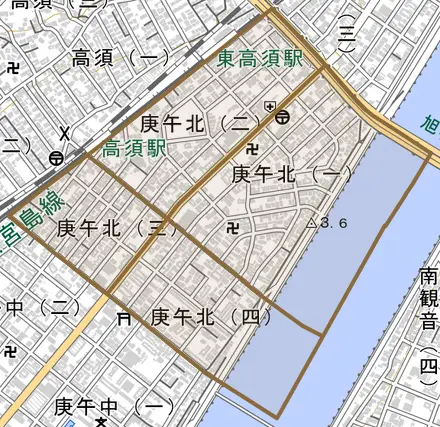 庚午北とその周辺の地図。町の範囲を重ねている