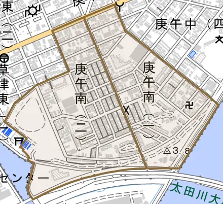 庚午南とその周辺の地図。町の範囲を重ねている