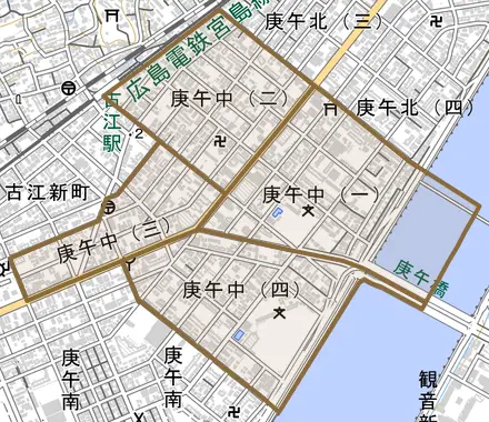 庚午中とその周辺の地図。町の範囲を重ねている