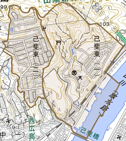 己斐東とその周辺の地図。町の範囲を重ねている
