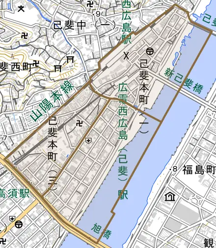 己斐本町とその周辺の地図。町の範囲を重ねている