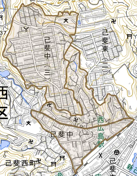 己斐中とその周辺の地図。町の範囲を重ねている