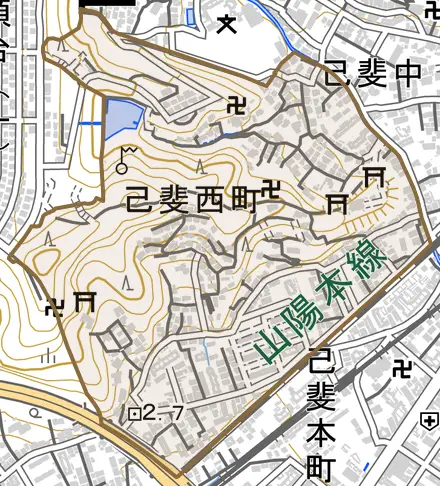 己斐西町とその周辺の地図。町の範囲を重ねている