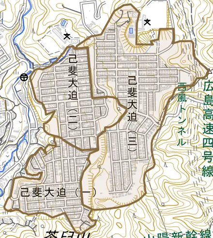 己斐大迫とその周辺の地図。町の範囲を重ねている