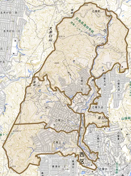 己斐上とその周辺の地図。町の範囲を重ねている