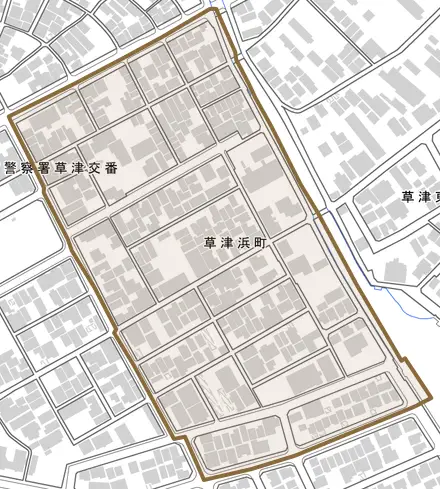草津浜町とその周辺の地図。町の範囲を重ねている