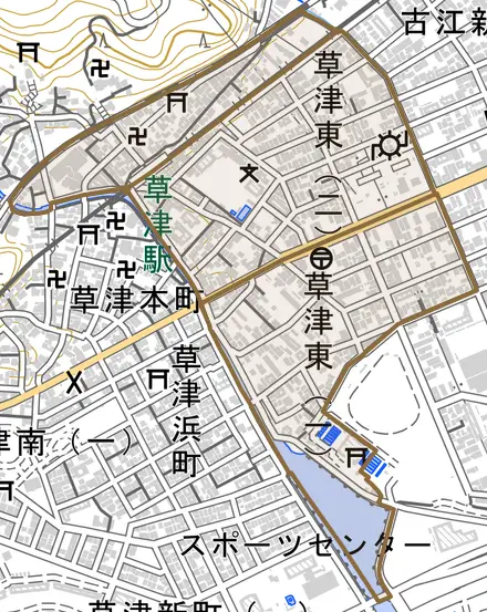 草津東とその周辺の地図。町の範囲を重ねている