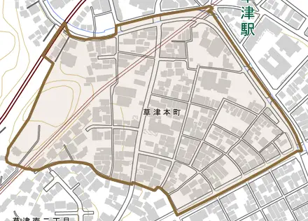 草津本町とその周辺の地図。町の範囲を重ねている