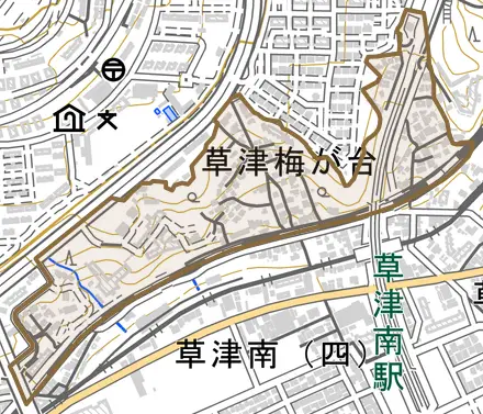 草津梅が台とその周辺の地図。町の範囲を重ねている
