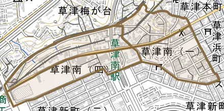 草津南とその周辺の地図。町の範囲を重ねている
