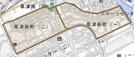 草津新町とその周辺の地図。町の範囲を重ねている