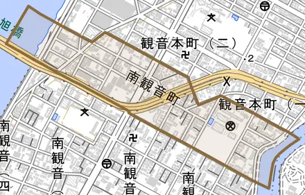 南観音町とその周辺の地図。町の範囲を重ねている