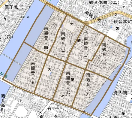 南観音とその周辺の地図。町の範囲を重ねている