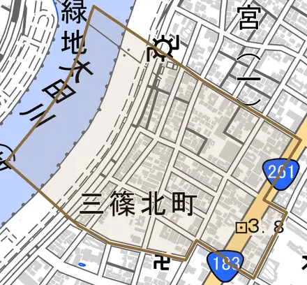 三篠北町とその周辺の地図。町の範囲を重ねている