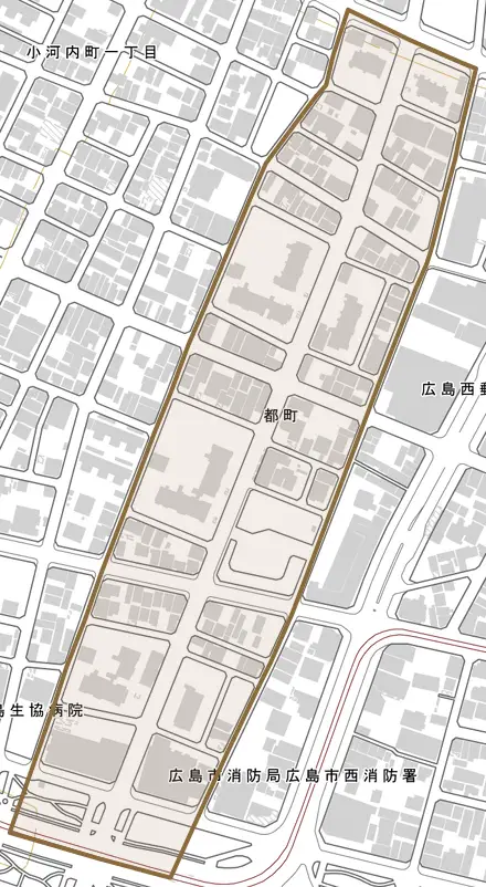 都町とその周辺の地図。町の範囲を重ねている