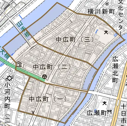 中広町とその周辺の地図。町の範囲を重ねている