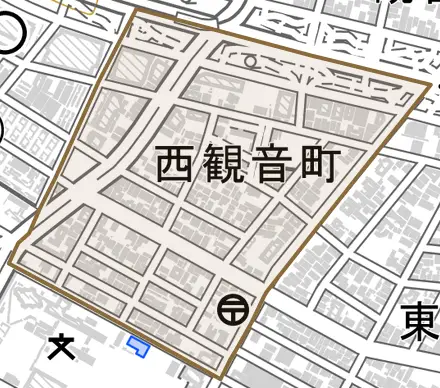 西観音町とその周辺の地図。町の範囲を重ねている