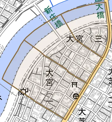 大宮とその周辺の地図。町の範囲を重ねている