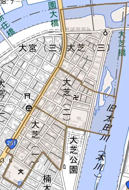 大芝とその周辺の地図。町の範囲を重ねている