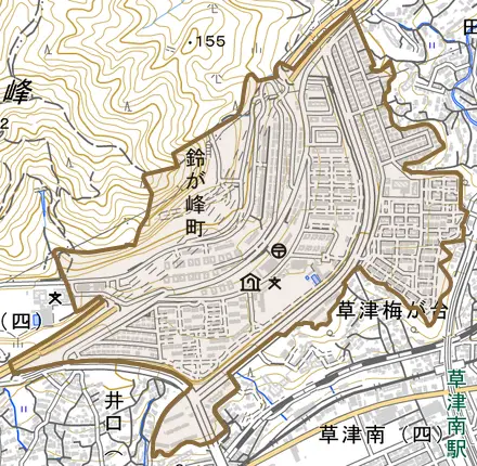 鈴が峰町とその周辺の地図。町の範囲を重ねている