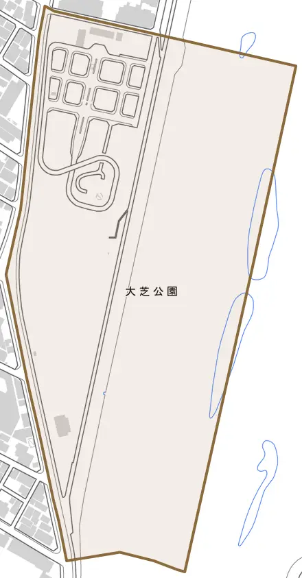 大芝公園とその周辺の地図。町の範囲を重ねている