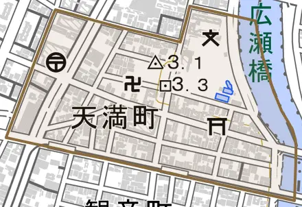 天満町とその周辺の地図。町の範囲を重ねている