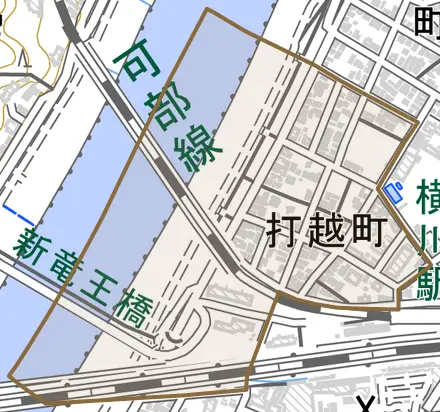 打越町とその周辺の地図。町の範囲を重ねている