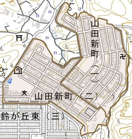 山田新町とその周辺の地図。町の範囲を重ねている