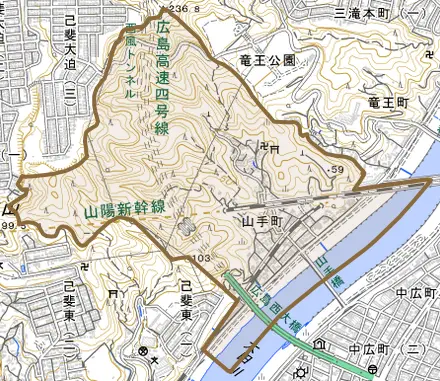山手町とその周辺の地図。町の範囲を重ねている