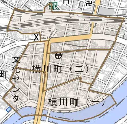 横川町とその周辺の地図。町の範囲を重ねている