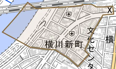 横川新町とその周辺の地図。町の範囲を重ねている