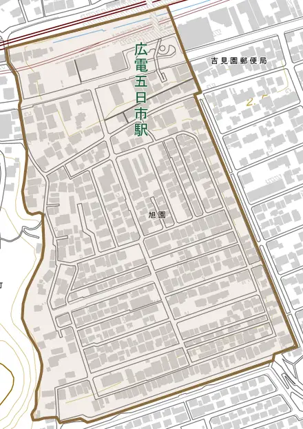 旭園とその周辺の地図。町の範囲を重ねている