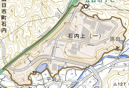 石内上とその周辺の地図。町の範囲を重ねている