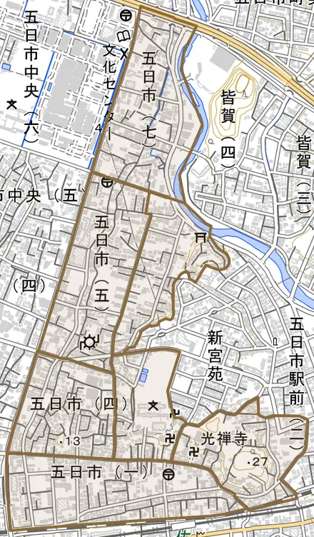 五日市とその周辺の地図。町の範囲を重ねている