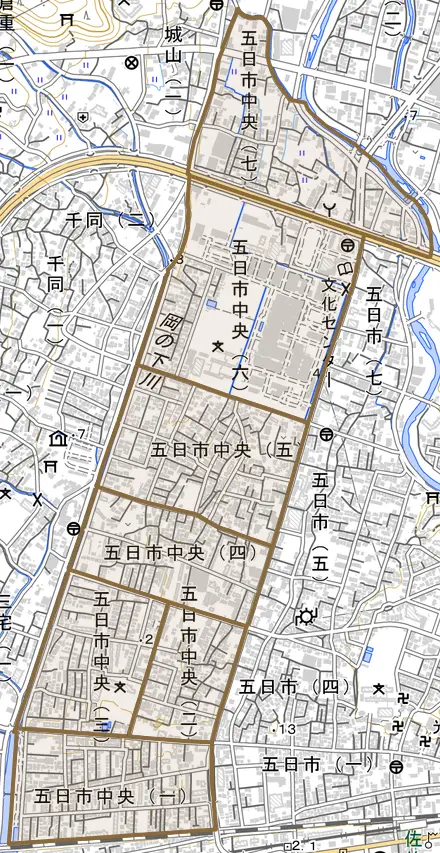 五日市中央とその周辺の地図。町の範囲を重ねている