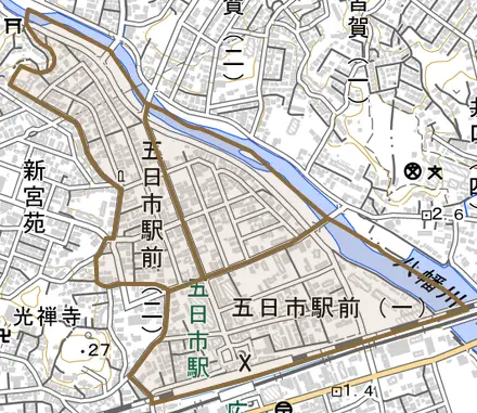 五日市駅前とその周辺の地図。町の範囲を重ねている