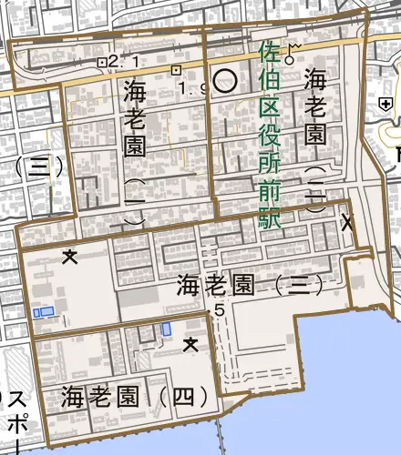 海老園とその周辺の地図。町の範囲を重ねている